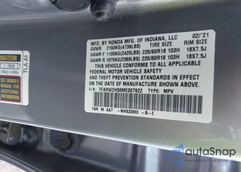2021 Honda Cr-V Awd Ex z USA, uszkodzony, nr VIN 7FARW2H56ME007922